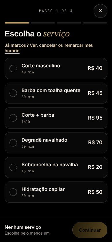 Tela de escolha do serviço, com preços e duração
